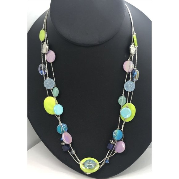 AB CRYSTALS GREEN PURPLE BLUE‎ 18" Chain Bead Necklace Silver Tone - Picture 1 of 5